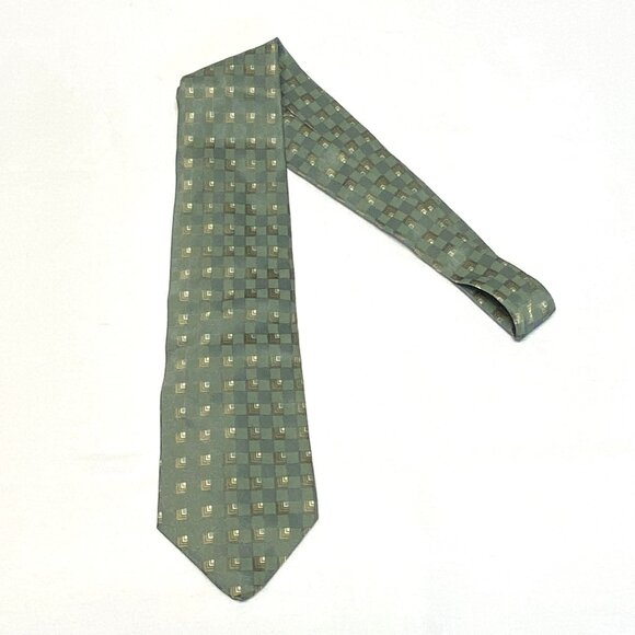 Abstract Squares Silk Tie Green Gold Van Heusen - Picture 1 of 6